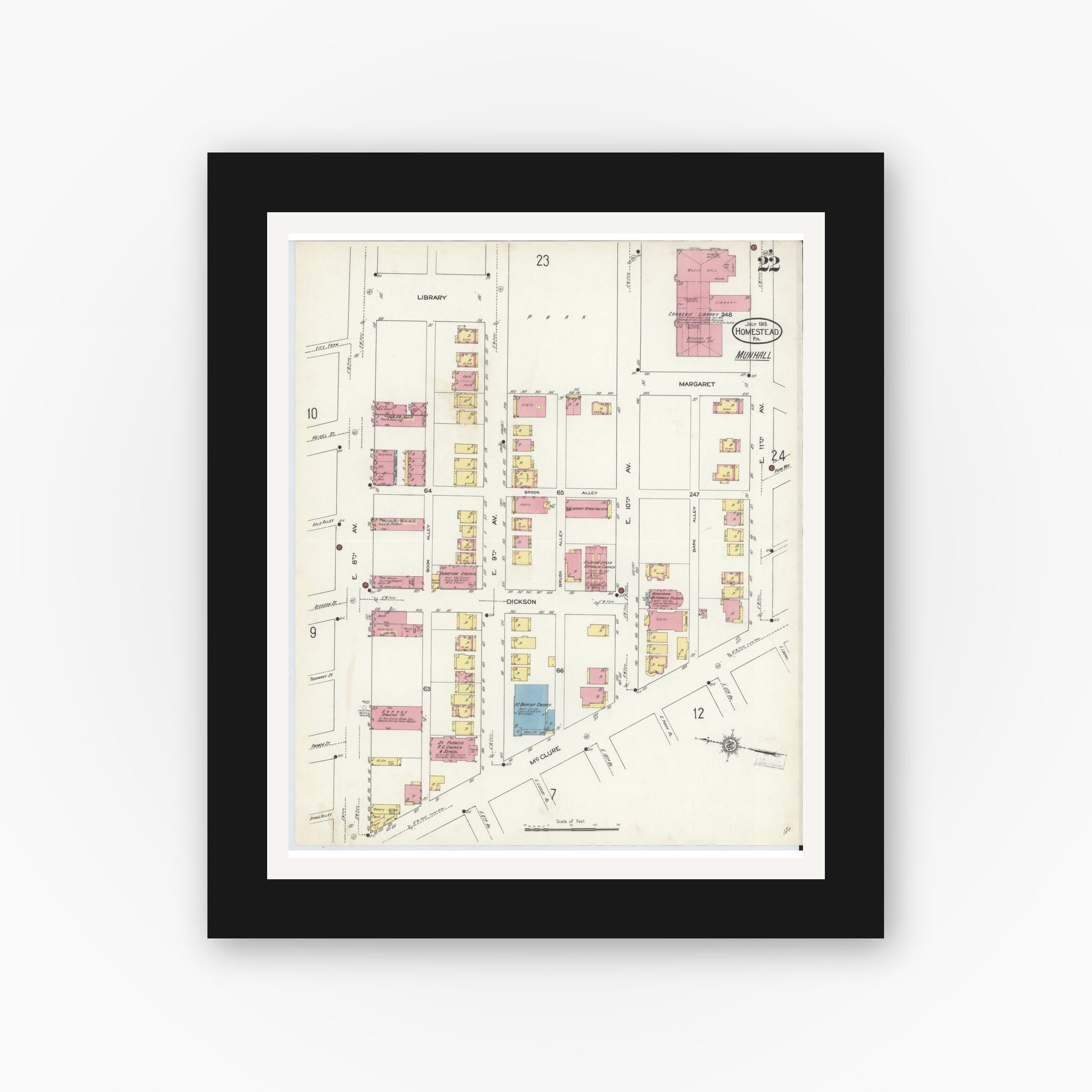 Old map wall art mockup — black gallery frame with white mat — Sanborn Fire Insurance Map from Homestead, Allegheny County, Pennsylvania (1913), Sheet #0022