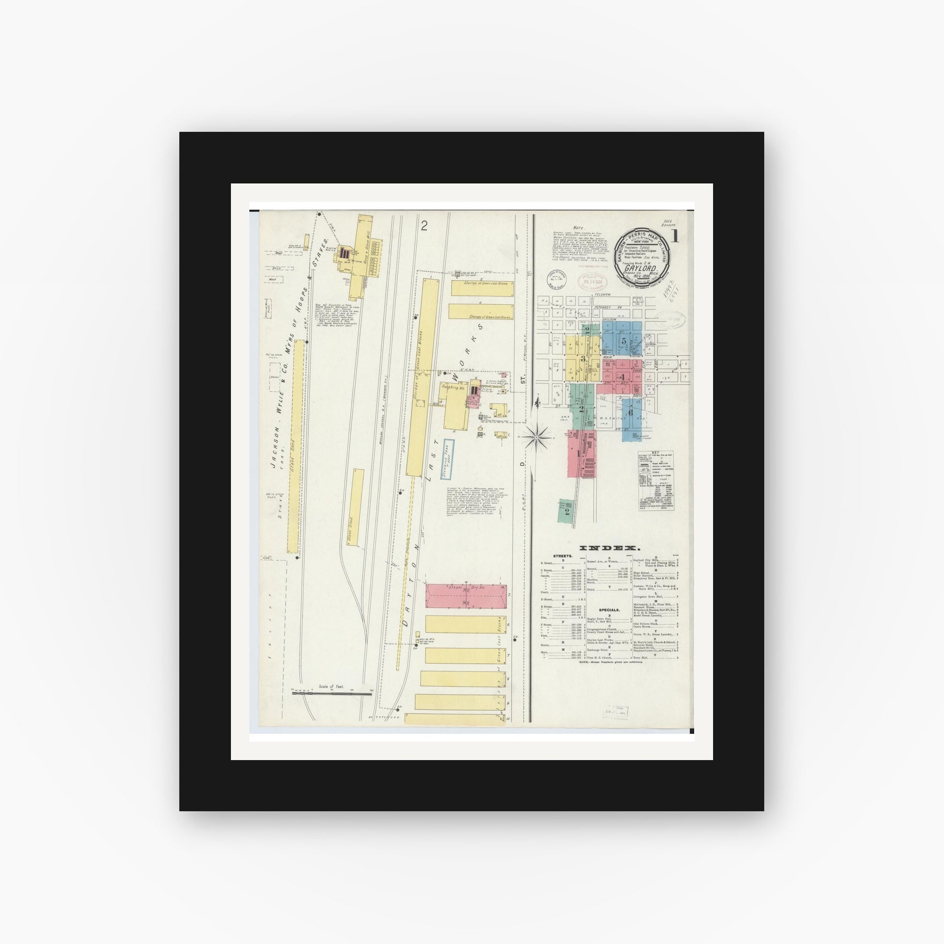 Old map wall art mockup — black gallery frame with white mat — Sanborn Fire Insurance Map from Gaylord, Otsego County, Michigan (1898), Sheet #0001