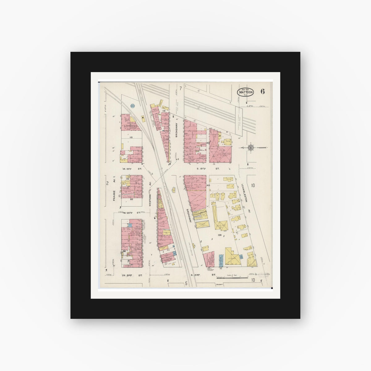 Old map wall art mockup — black gallery frame with white mat — Sanborn Fire Insurance Map from Mattoon, Coles County, Illinois (1915), Sheet #0006