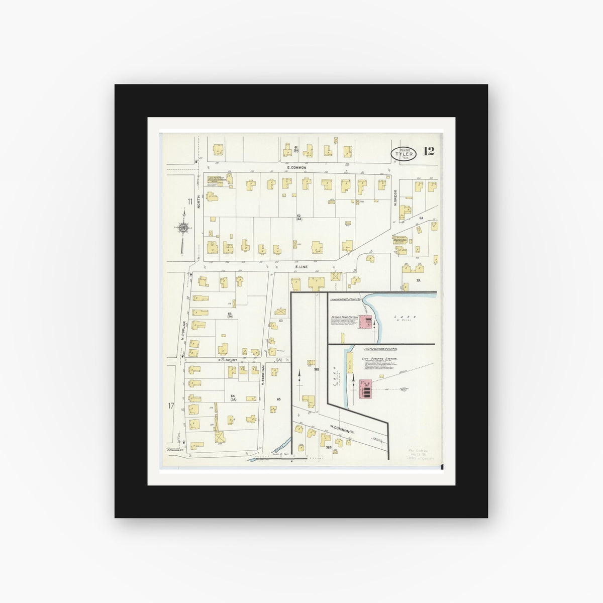 Old map wall art mockup — black gallery frame with white mat — Sanborn Fire Insurance Map from Tyler, Smith County, Texas (1912), Sheet #0012