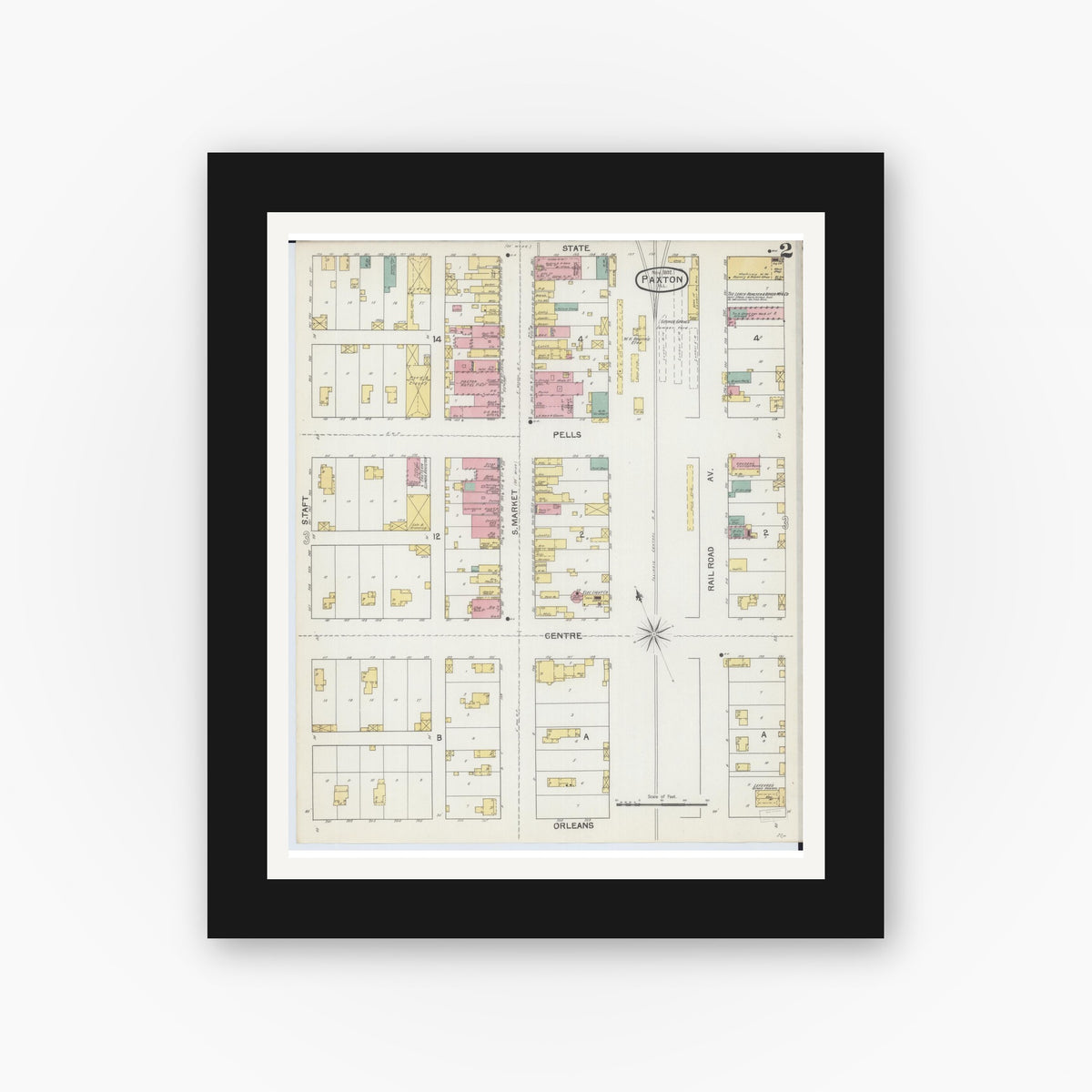 Old map wall art mockup — black gallery frame with white mat — Sanborn Fire Insurance Map from Paxton, Ford County, Illinois (1892), Sheet #0002