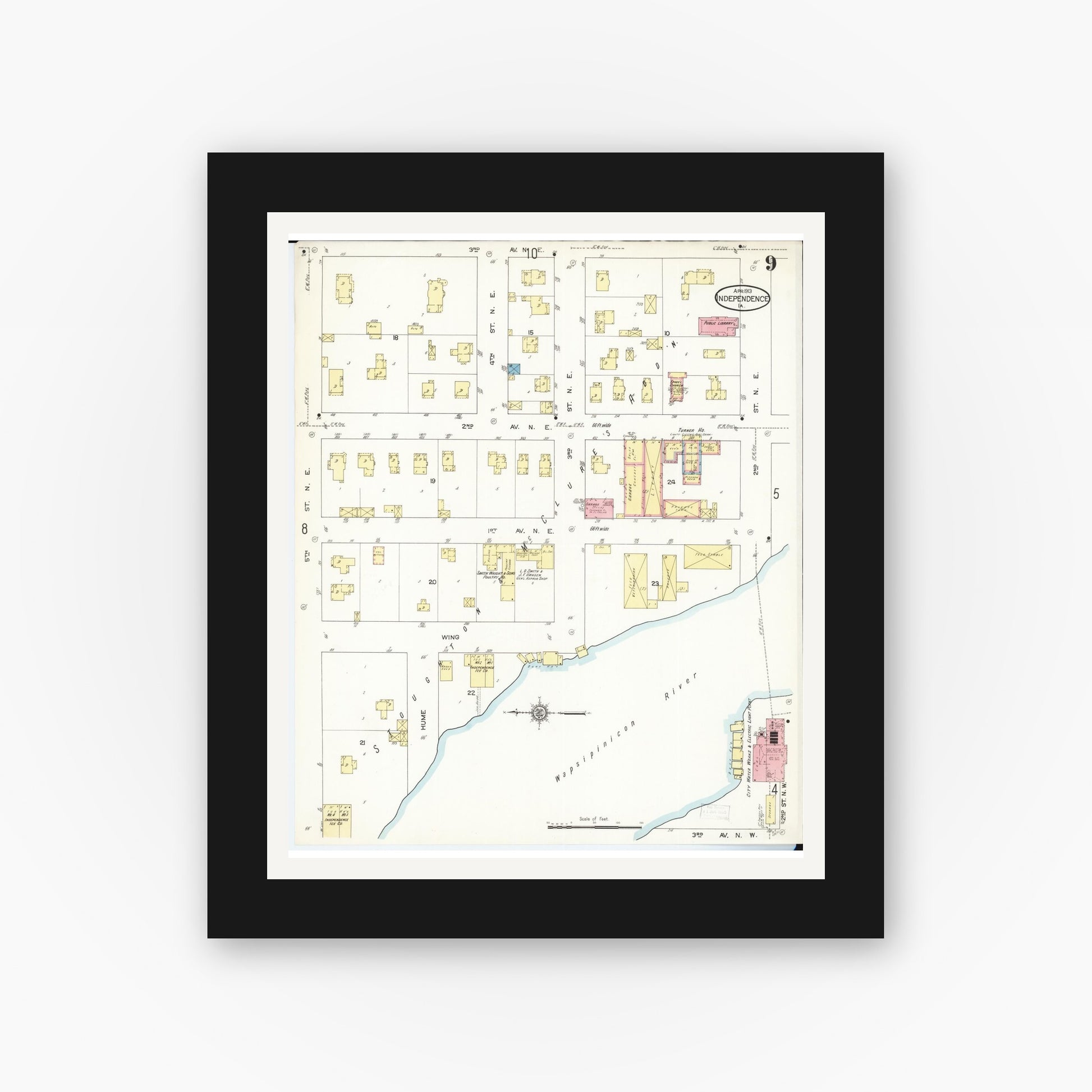 Old map wall art mockup — black gallery frame with white mat — Sanborn Fire Insurance Map from Independence, Buchanan County, Iowa (1913), Sheet #0009