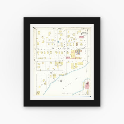 Old map wall art mockup — black gallery frame with white mat — Sanborn Fire Insurance Map from Independence, Buchanan County, Iowa (1913), Sheet #0009