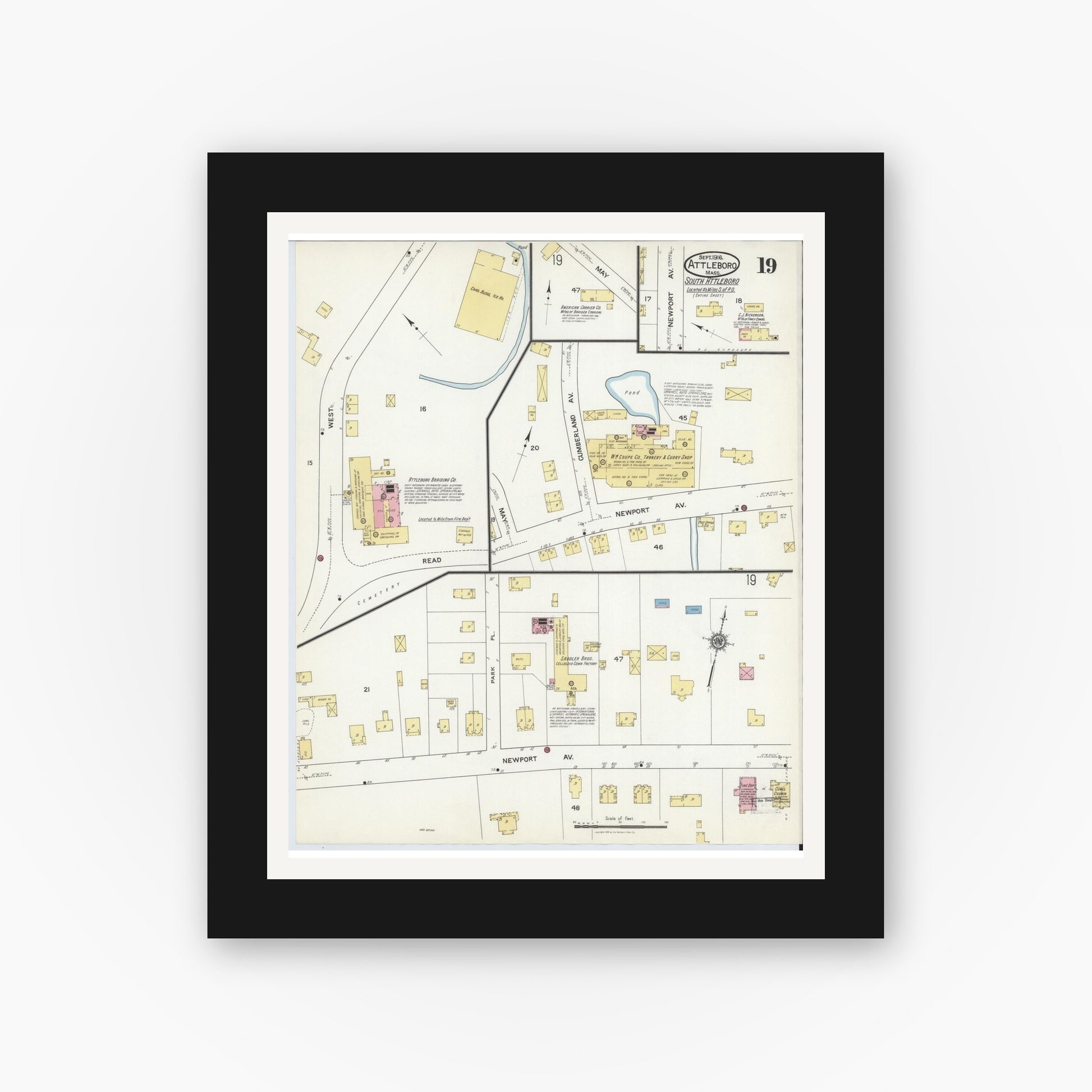 Old map wall art mockup — black gallery frame with white mat — Sanborn Fire Insurance Map from Attleboro, Bristol County, Massachusetts (1916), Sheet #0019