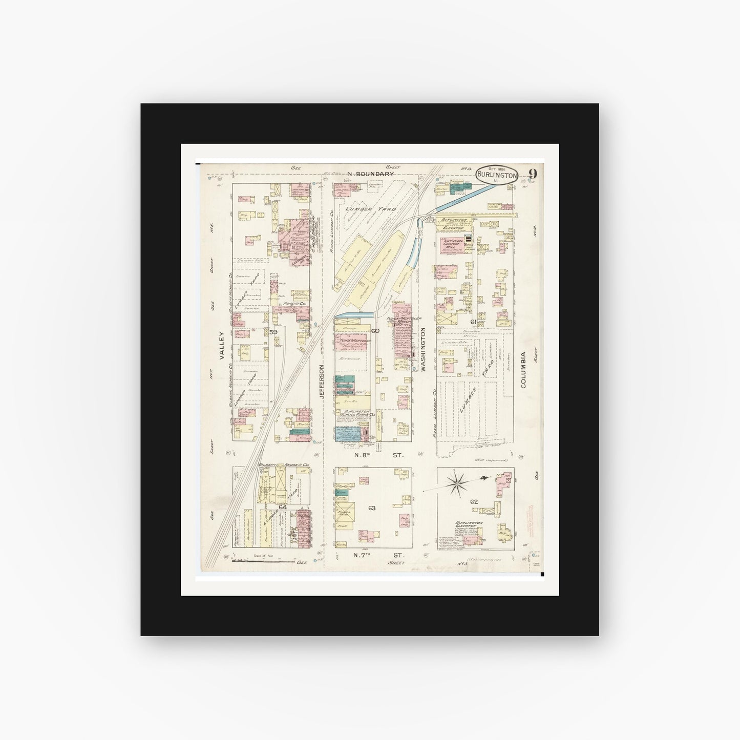 Old map wall art mockup — black gallery frame with white mat — Sanborn Fire Insurance Map from Burlington, Des Moines County, Iowa (1888), Sheet #0009