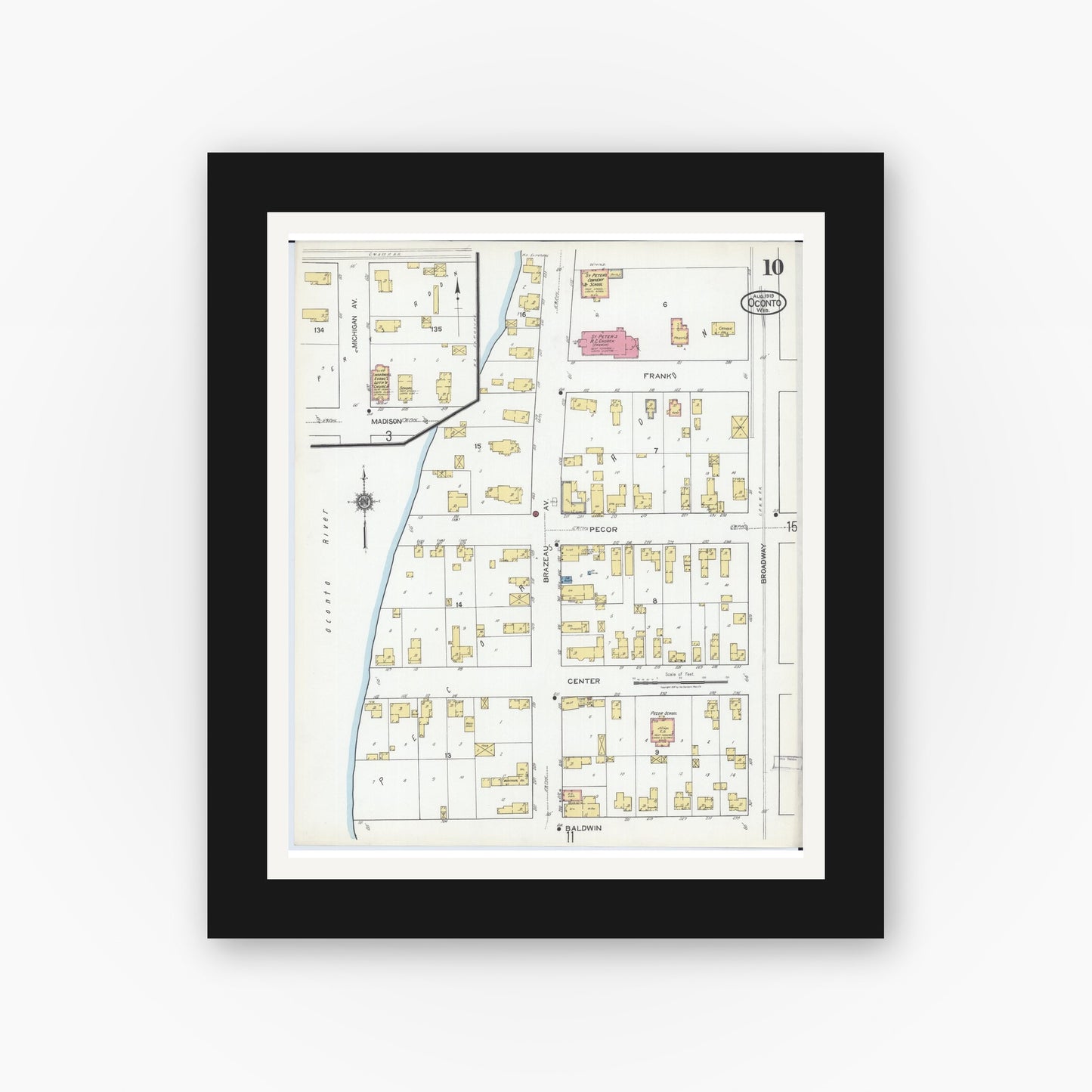 Old map wall art mockup — black gallery frame with white mat — Sanborn Fire Insurance Map from Oconto, Oconto County, Wisconsin (1919), Sheet #0010