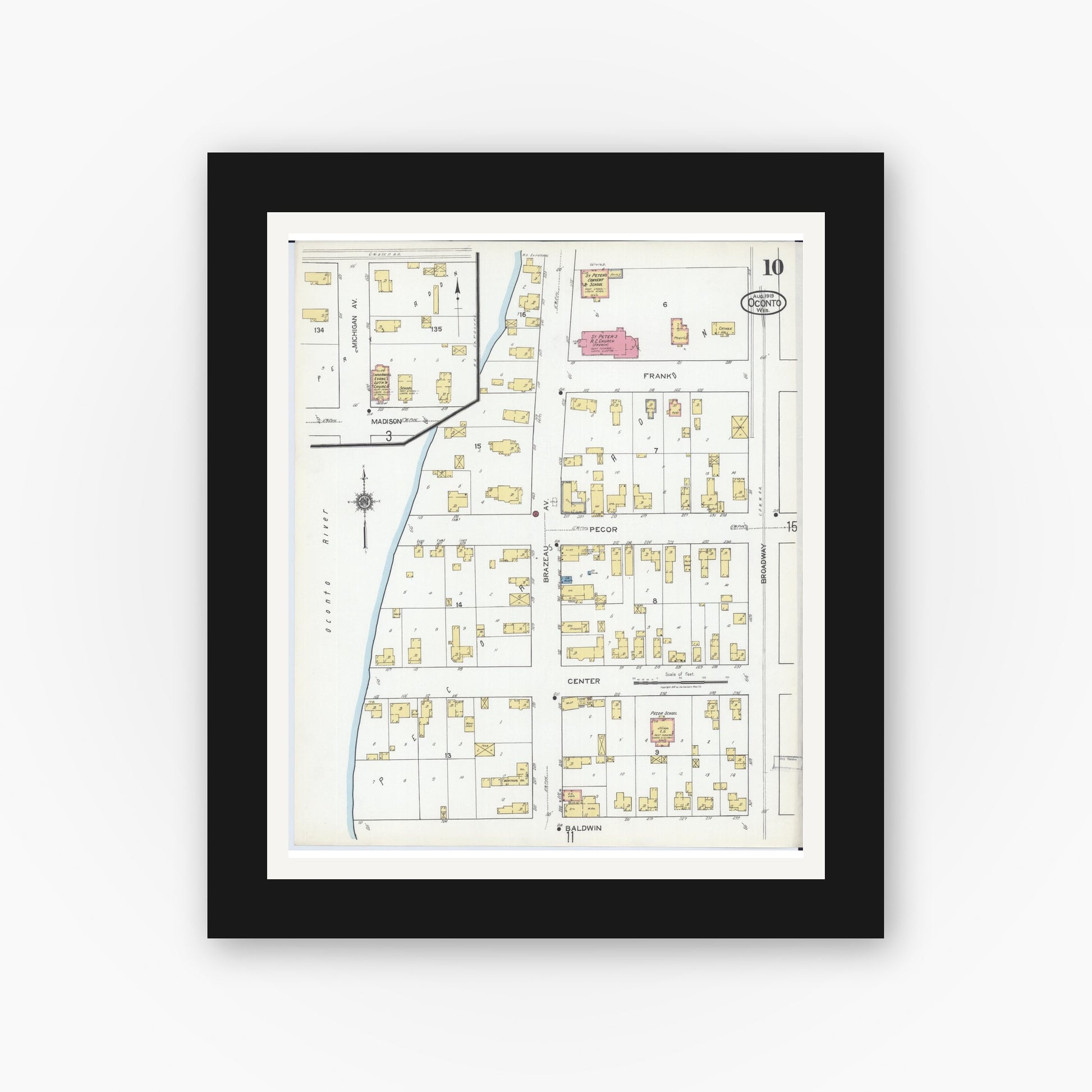 Old map wall art mockup — black gallery frame with white mat — Sanborn Fire Insurance Map from Oconto, Oconto County, Wisconsin (1919), Sheet #0010