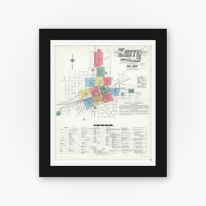 Old map wall art mockup — black gallery frame with white mat — Sanborn Fire Insurance Map from Corry, Erie County, Pennsylvania (1909), Sheet #0001