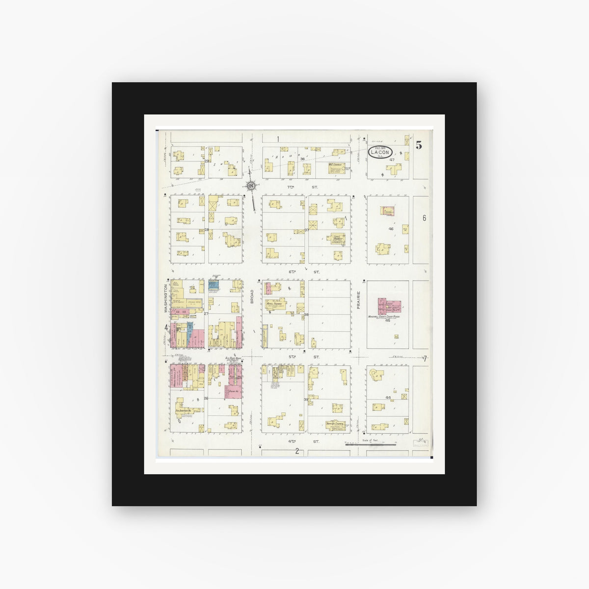 Old map wall art mockup — black gallery frame with white mat — Sanborn Fire Insurance Map from Lacon, Marshall County, Illinois (1913), Sheet #0005