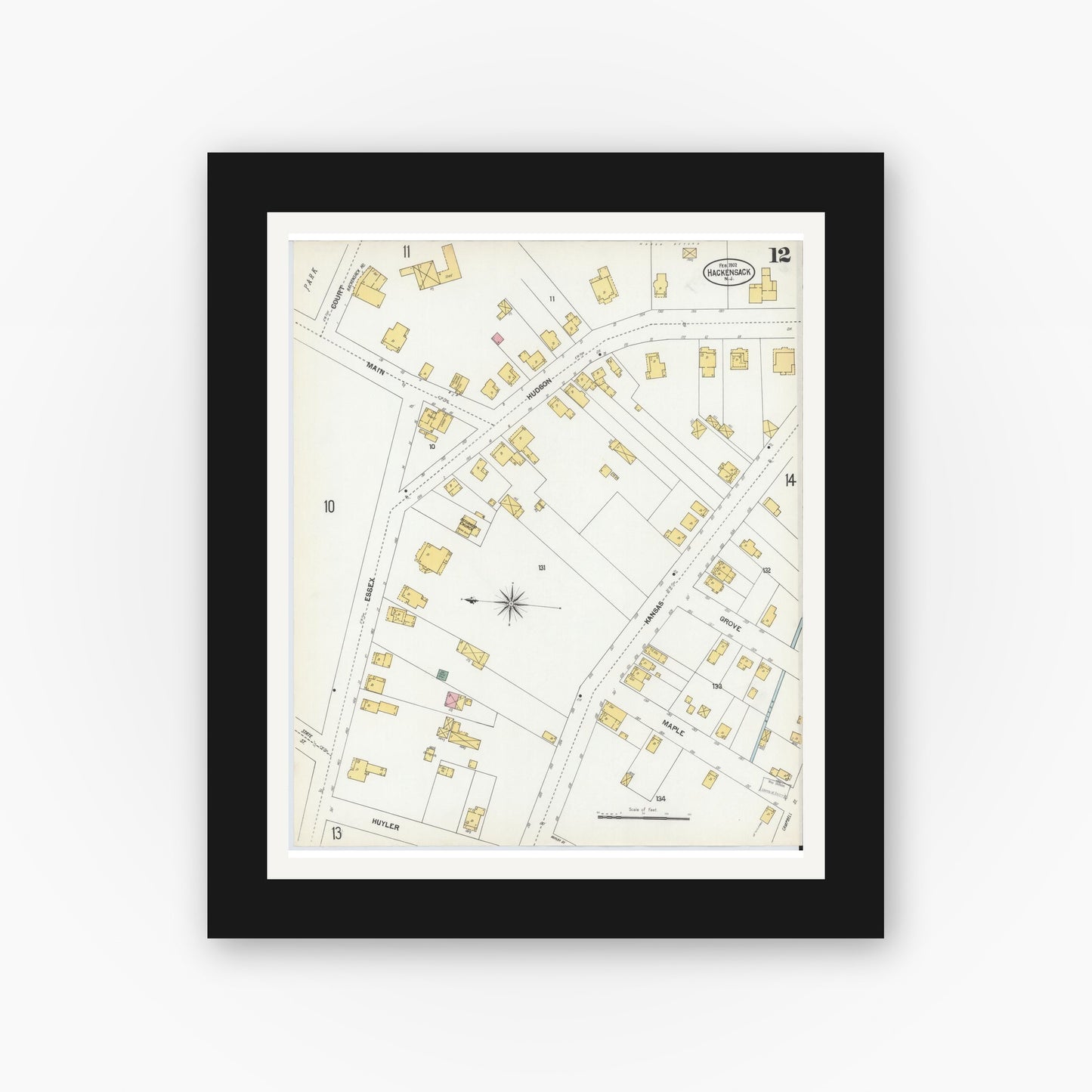 Old map wall art mockup — black gallery frame with white mat — Sanborn Fire Insurance Map from Hackensack, Bergen County, New Jersey (1902), Sheet #0012