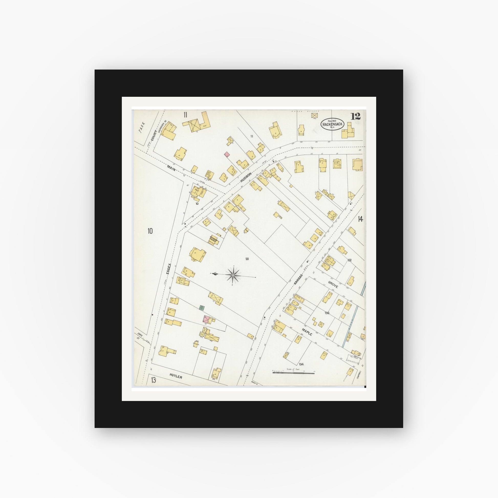 Old map wall art mockup — black gallery frame with white mat — Sanborn Fire Insurance Map from Hackensack, Bergen County, New Jersey (1902), Sheet #0012