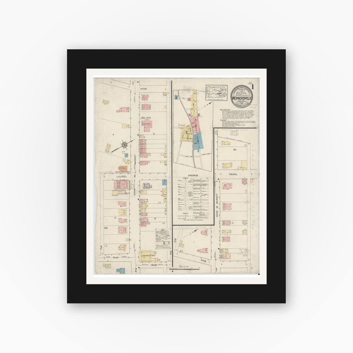 Old map wall art mockup — black gallery frame with white mat — Sanborn Fire Insurance Map from Wernersville, Berks County, Pennsylvania (1914) - Complete Map Set
