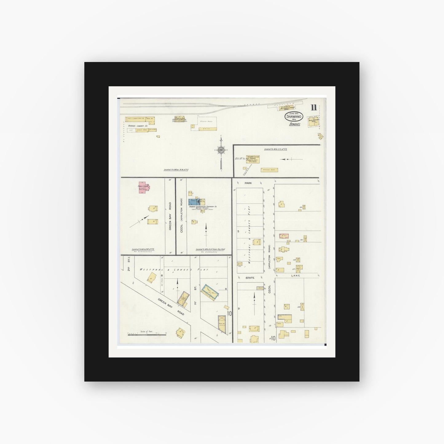 Old map wall art mockup — black gallery frame with white mat — Sanborn Fire Insurance Map from Shawano, Shawano County, Wisconsin (1913), Sheet #0011