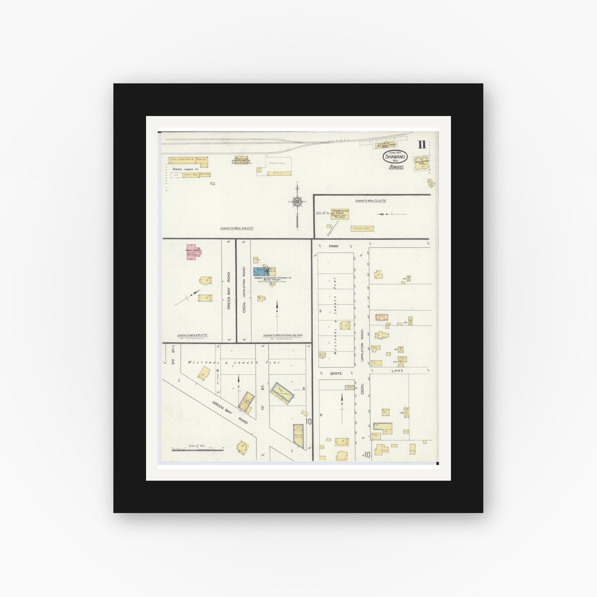 Old map wall art mockup — black gallery frame with white mat — Sanborn Fire Insurance Map from Shawano, Shawano County, Wisconsin (1913), Sheet #0011
