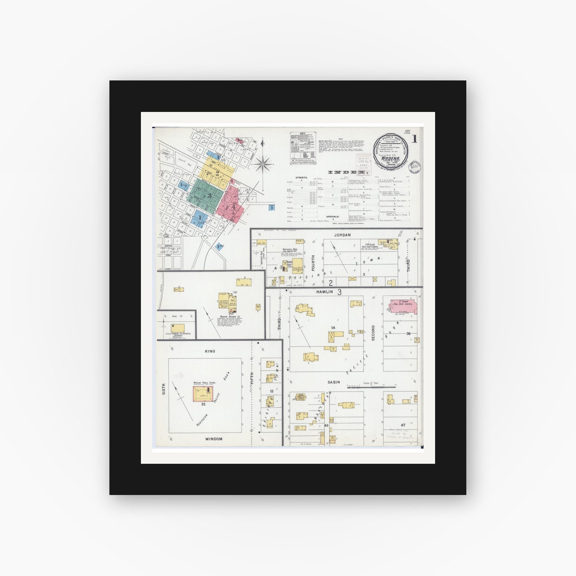 Old map wall art mockup — black gallery frame with white mat — Sanborn Fire Insurance Map from Wadena, Wadena County, Minnesota (1899) - Complete Map Set