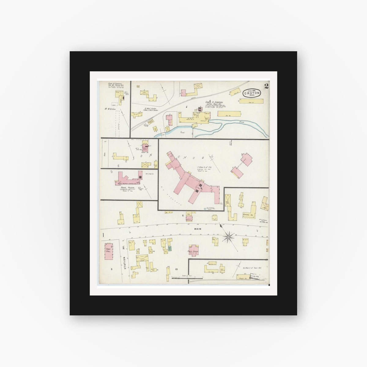 Old map wall art mockup — black gallery frame with white mat — Sanborn Fire Insurance Map from Groton, Middlesex County, Massachusetts (1896), Sheet #0002