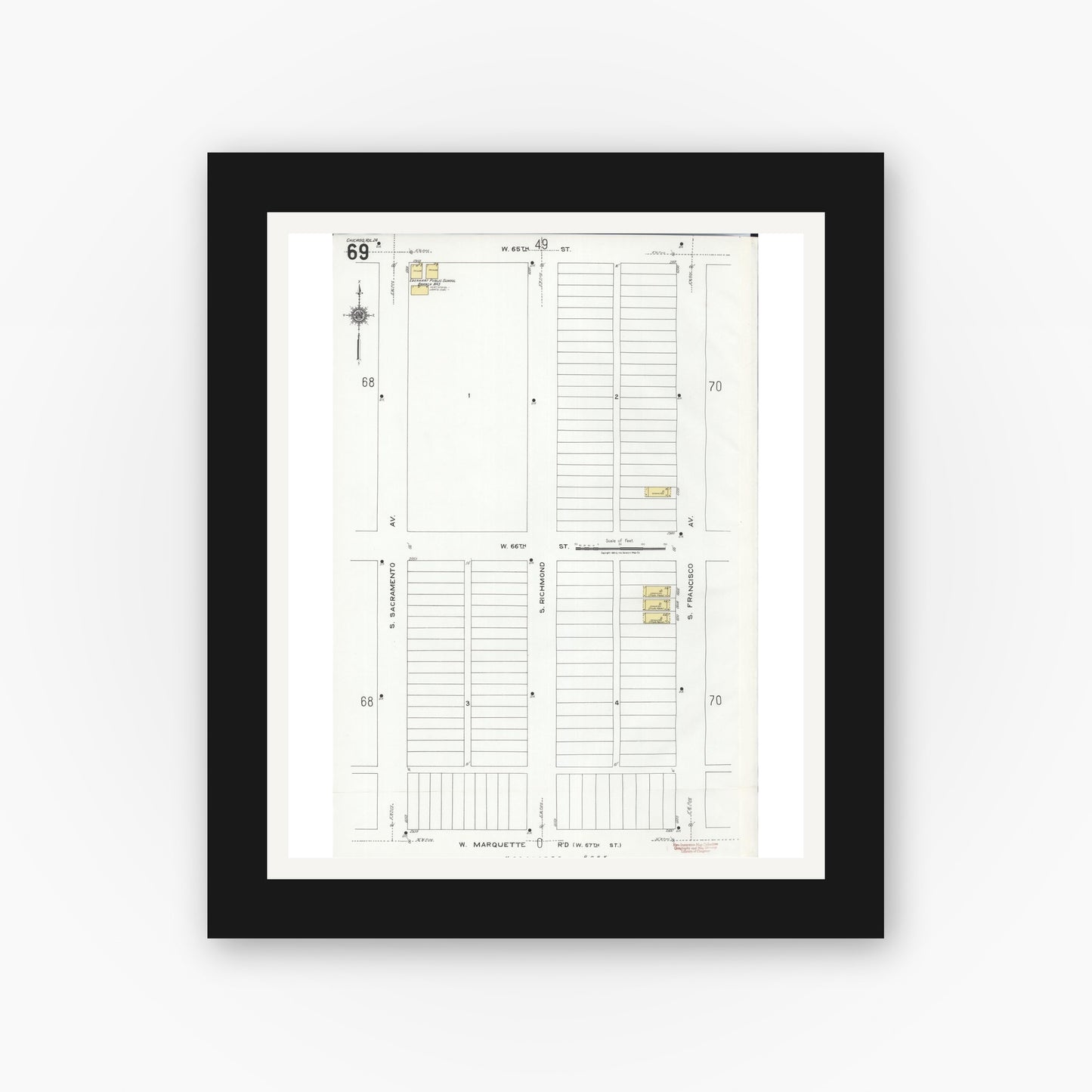 Old map wall art mockup — black gallery frame with white mat — Sanborn Fire Insurance Map from Chicago, Cook County, Illinois (1920), Sheet #0069