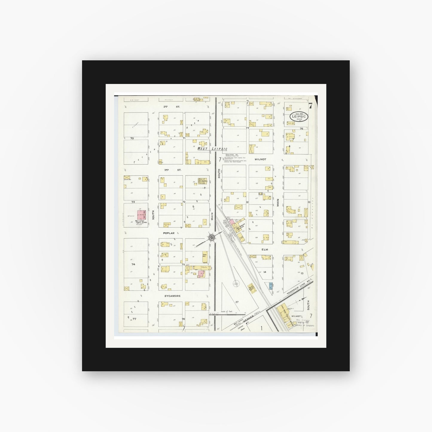 Old map wall art mockup — black gallery frame with white mat — Sanborn Fire Insurance Map from Leipsic, Putnam County, Ohio (1910), Sheet #0007