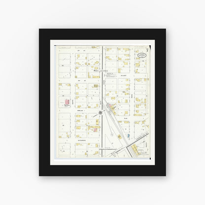 Old map wall art mockup — black gallery frame with white mat — Sanborn Fire Insurance Map from Leipsic, Putnam County, Ohio (1910), Sheet #0007