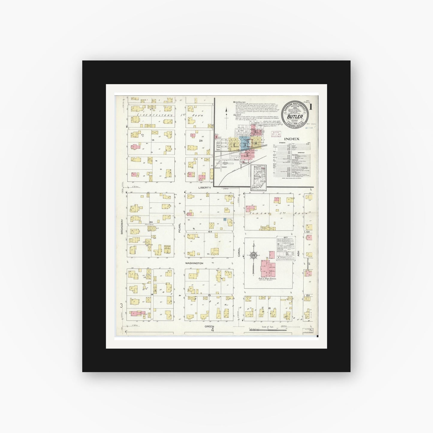 Old map wall art mockup — black gallery frame with white mat — Sanborn Fire Insurance Map from Butler, De Kalb County, Indiana (1914) - Complete Map Set