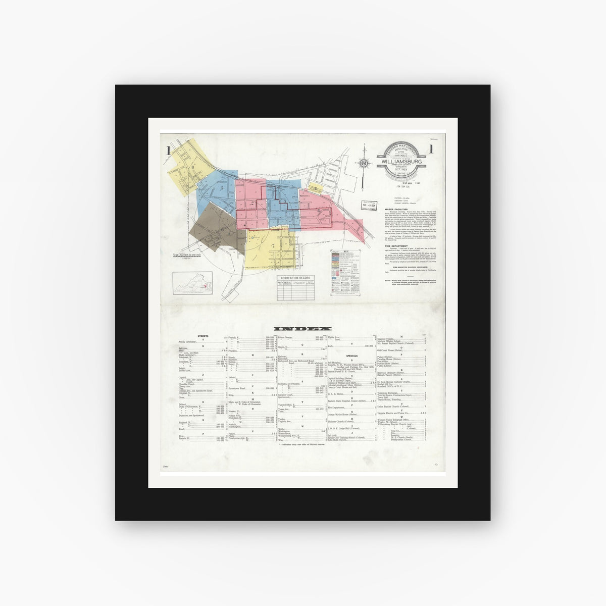 Old map wall art mockup — black gallery frame with white mat — Sanborn Fire Insurance Map from Williamsburg, Independent Cities, Virginia (1933) - Complete Map Set