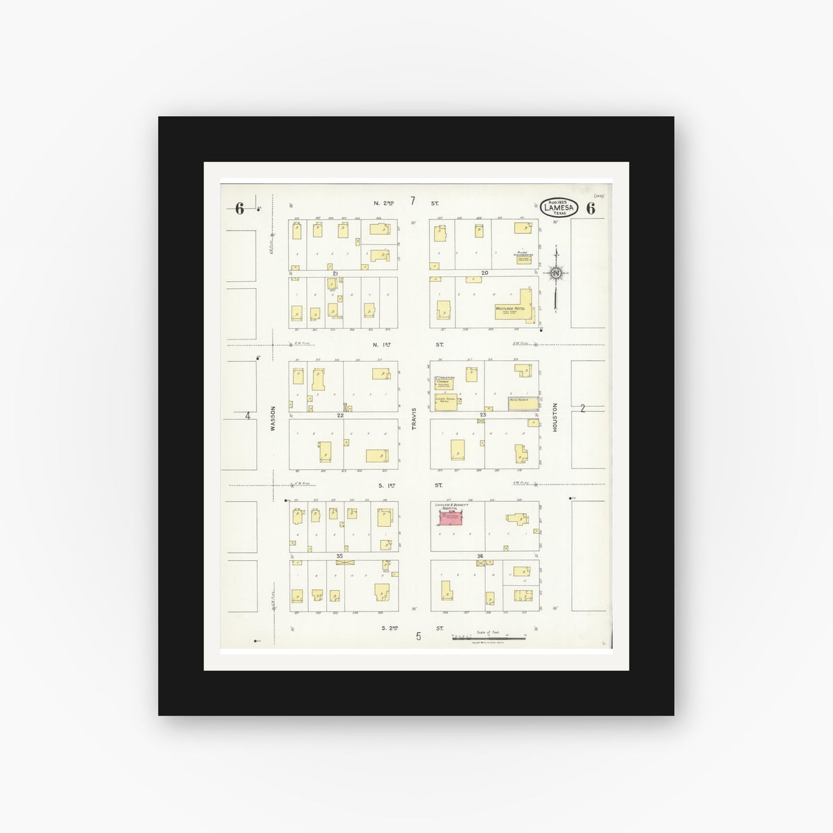 Old map wall art mockup — black gallery frame with white mat — Sanborn Fire Insurance Map from Lamesa, Dawson County, Texas (1925), Sheet #0006