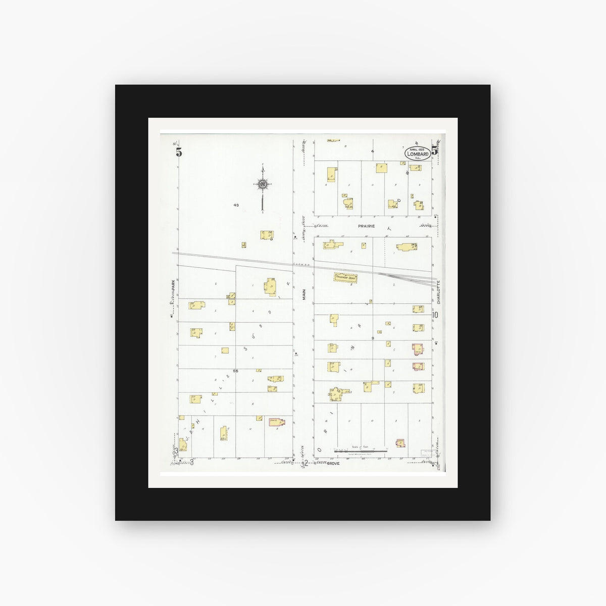 Old map wall art mockup — black gallery frame with white mat — Sanborn Fire Insurance Map from Lombard, Du Page County, Illinois (1925), Sheet #0005