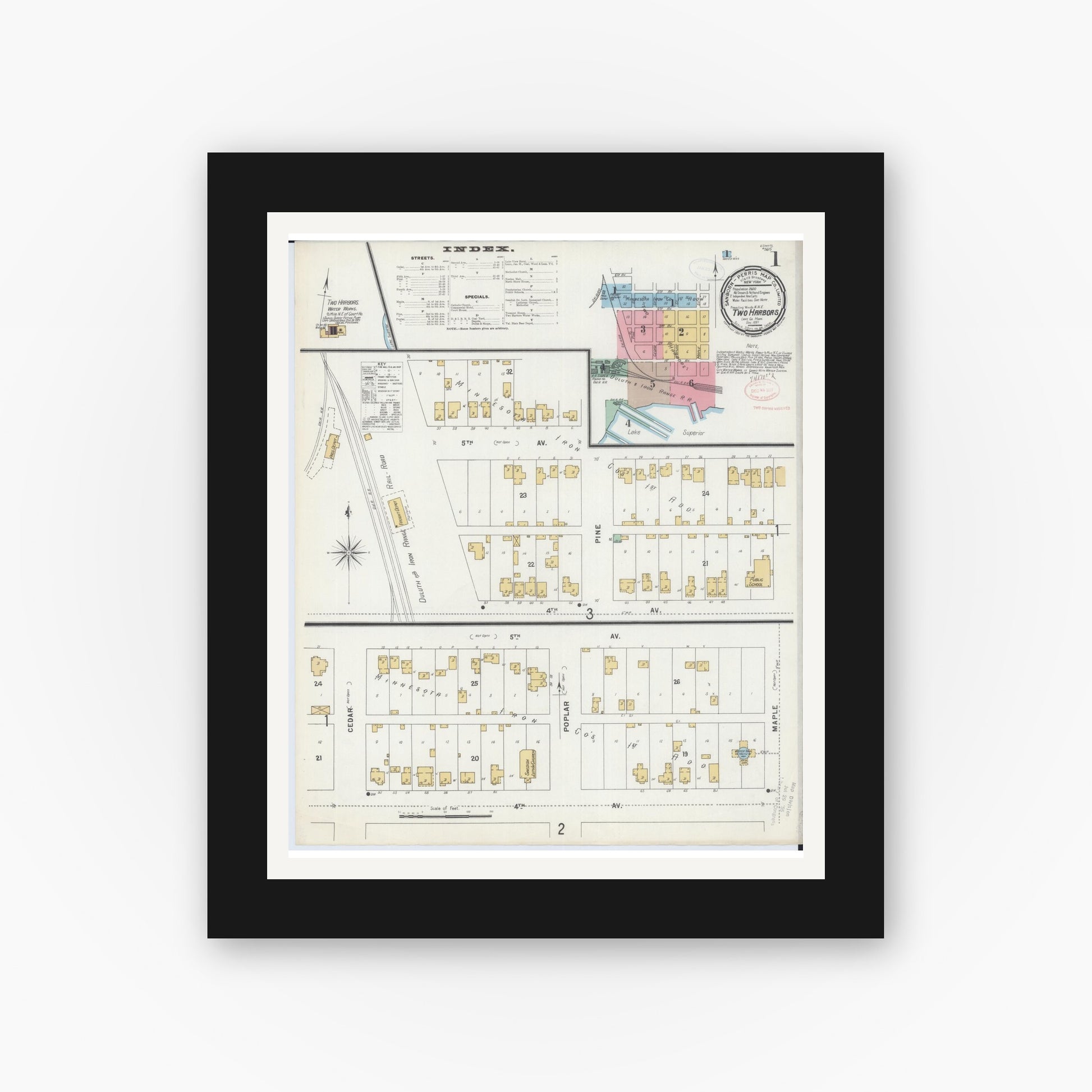 Old map wall art mockup — black gallery frame with white mat — Sanborn Fire Insurance Map from Two Harbors, Lake County, Minnesota (1897), Sheet #0001