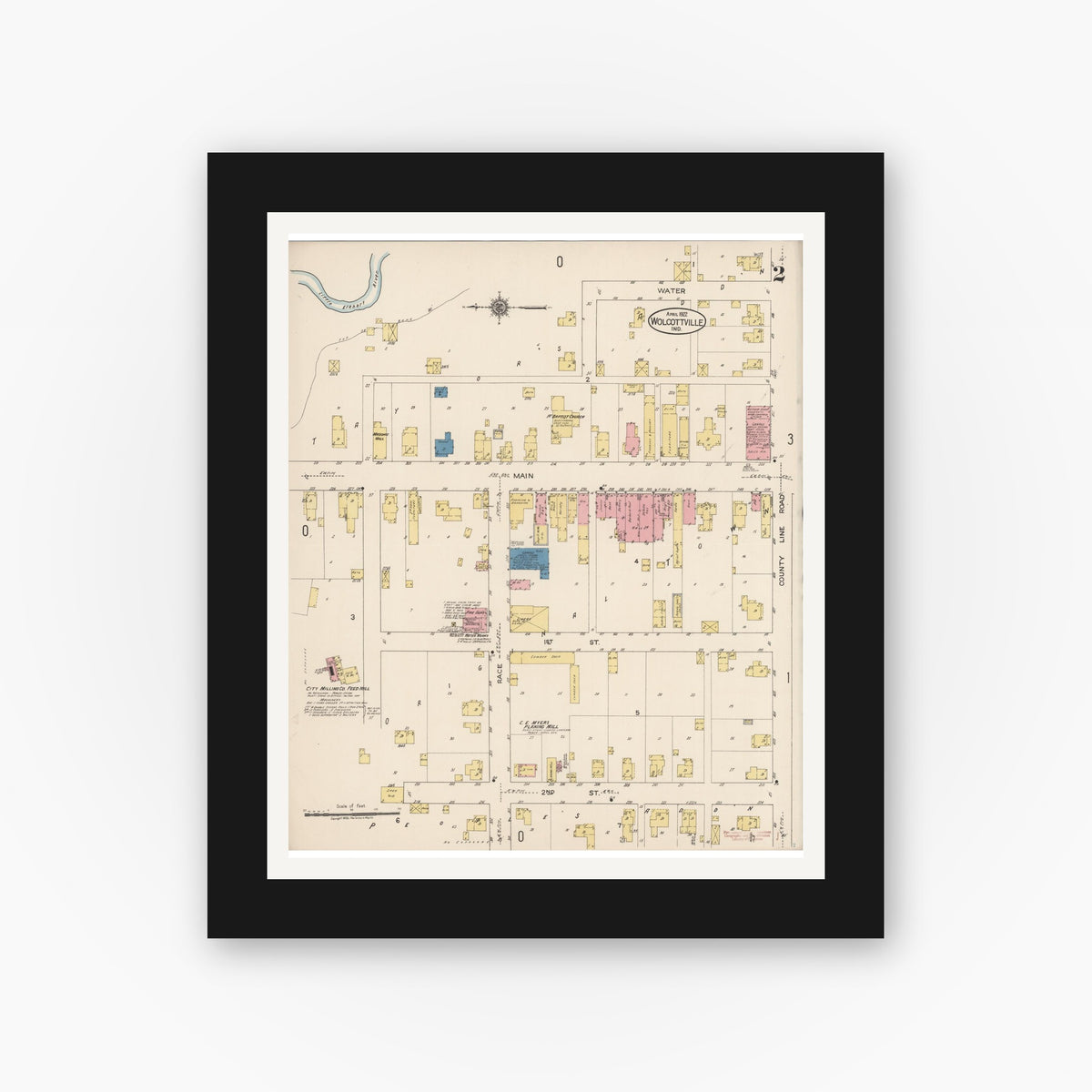 Old map wall art mockup — black gallery frame with white mat — Sanborn Fire Insurance Map from Wolcottville, Noble And LaGrange Counties, Indiana (1922), Sheet #0002