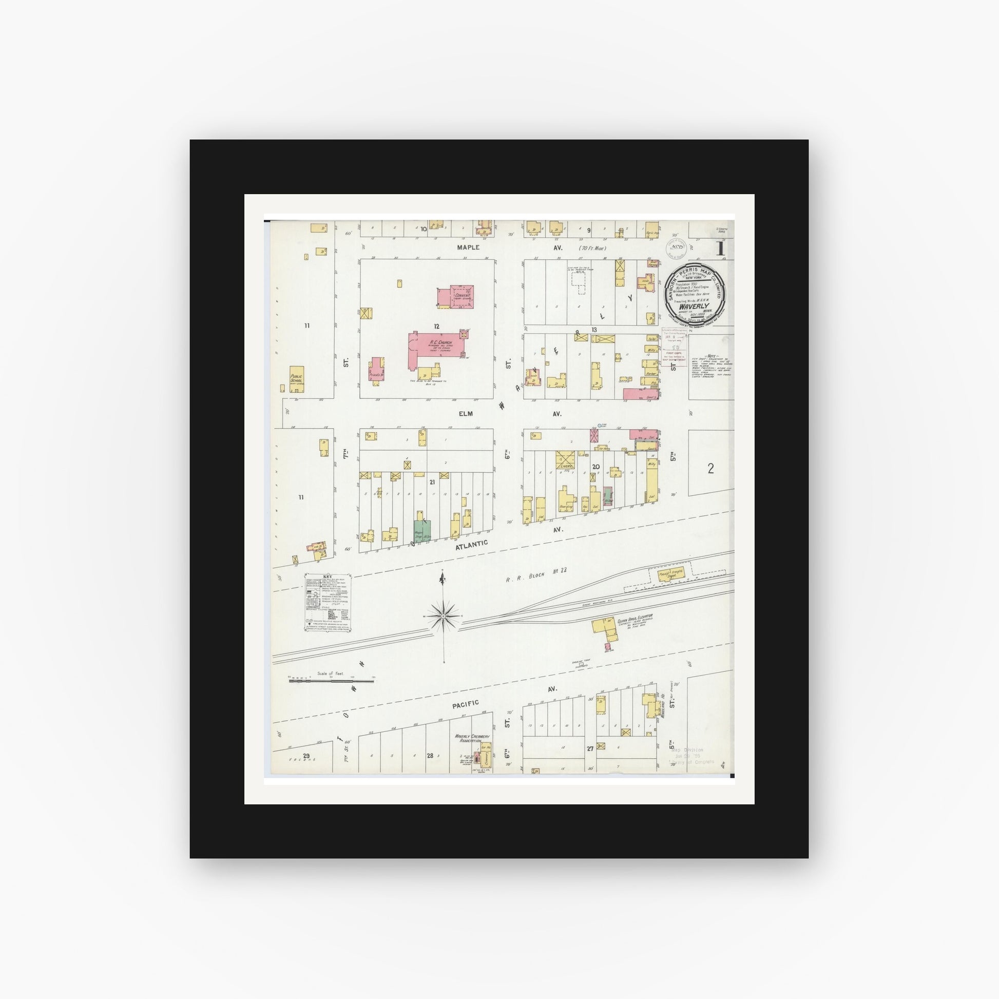 Old map wall art mockup — black gallery frame with white mat — Sanborn Fire Insurance Map from Waverly, Wright County, Minnesota (1899) - Complete Map Set