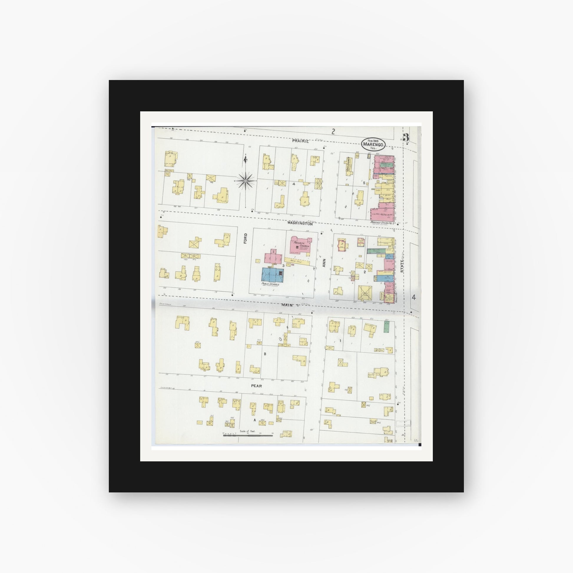 Old map wall art mockup — black gallery frame with white mat — Sanborn Fire Insurance Map from Marengo, McHenry County, Illinois (1905), Sheet #0003