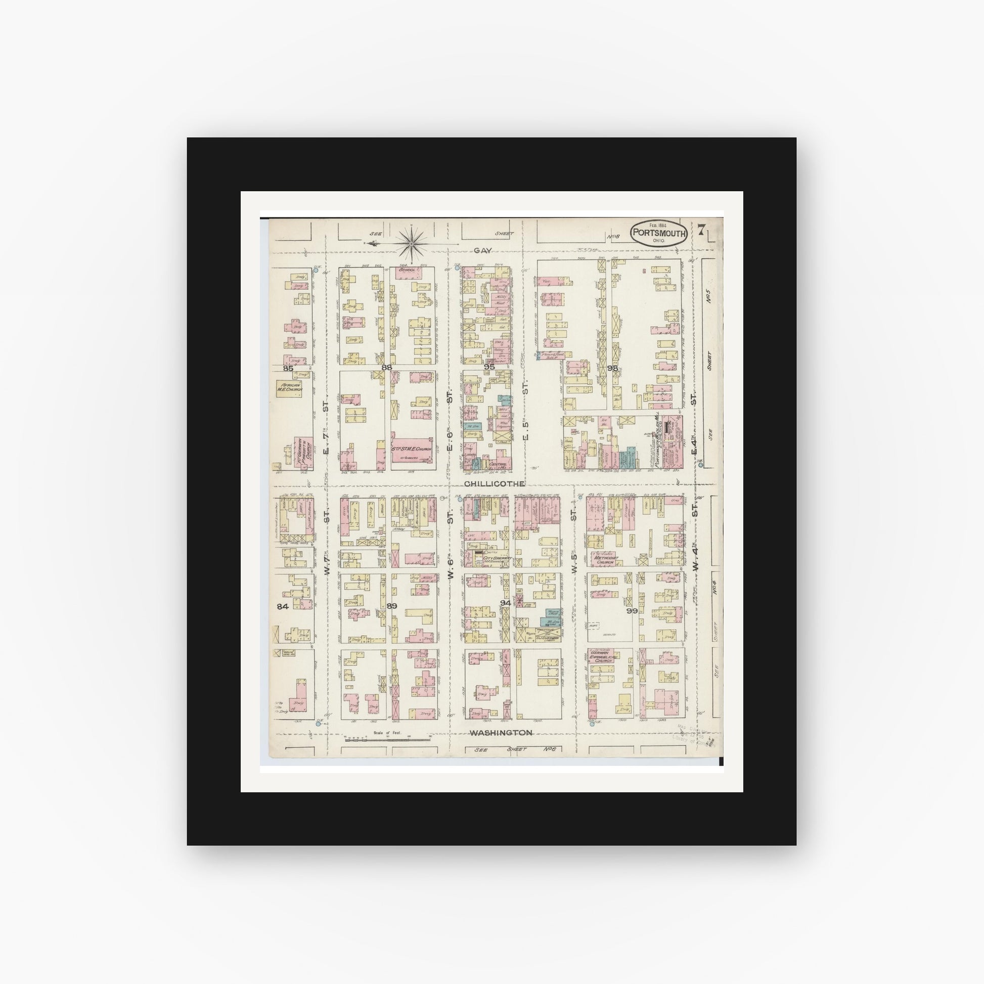 Old map wall art mockup — black gallery frame with white mat — Sanborn Fire Insurance Map from Portsmouth, Scioto County, Ohio (1884), Sheet #0007