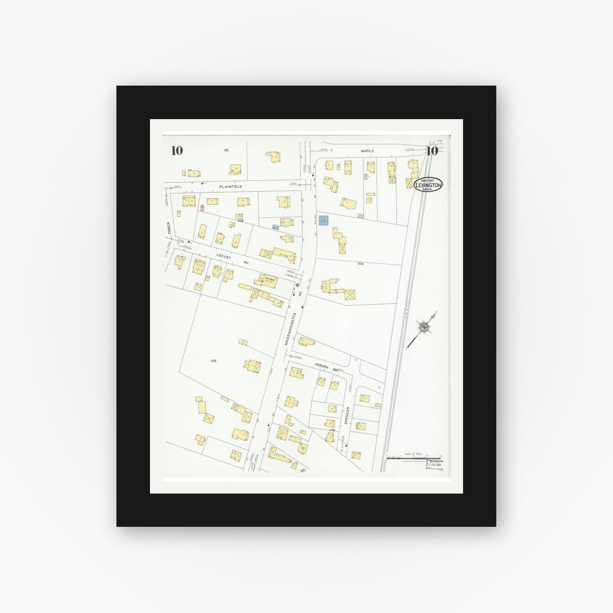 Old map wall art mockup — black gallery frame with white mat — Sanborn Fire Insurance Map from Lexington, Middlesex County, Massachusetts (1927), Sheet #0010