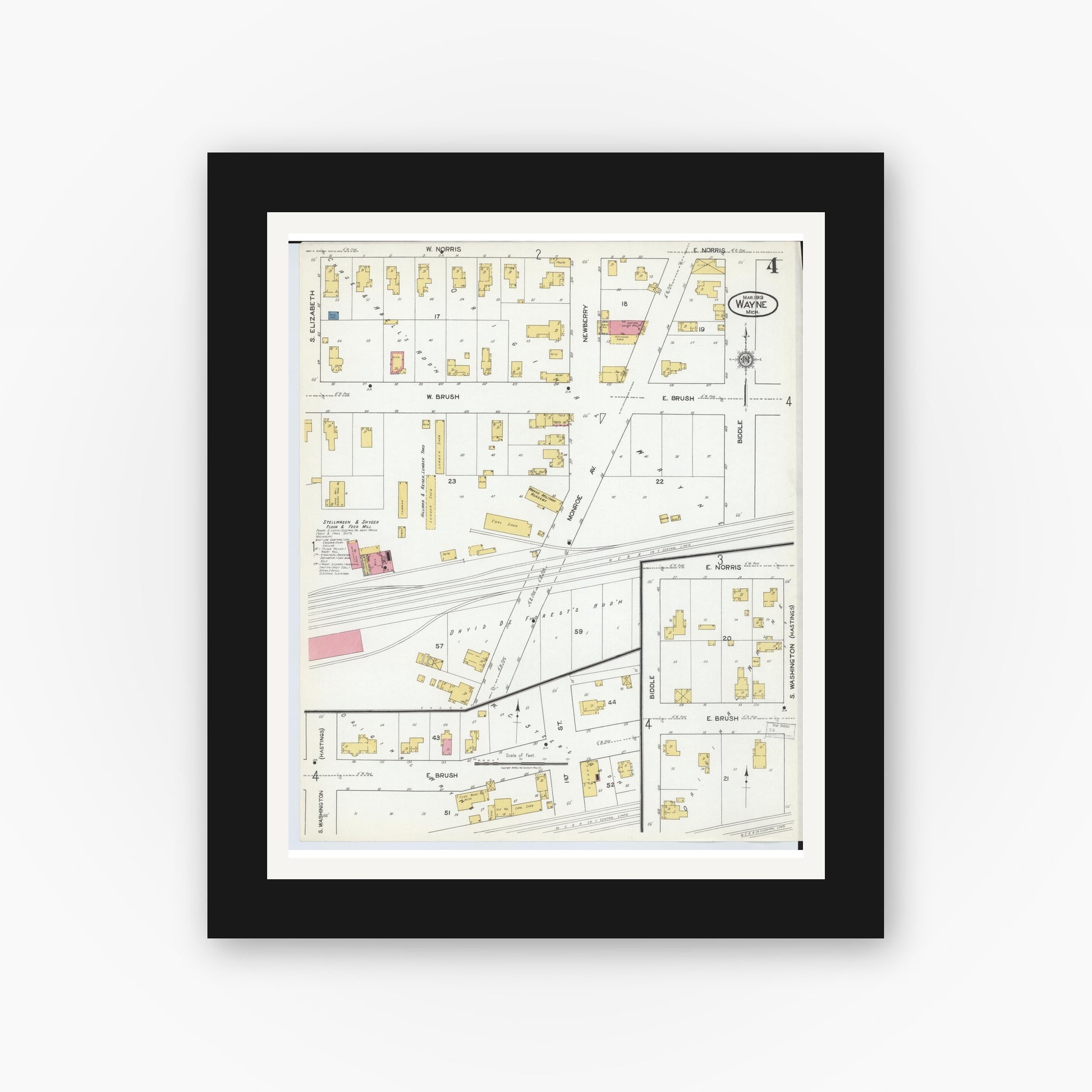 Old map wall art mockup — black gallery frame with white mat — Sanborn Fire Insurance Map from Wayne, Wayne County, Michigan (1919), Sheet #0004