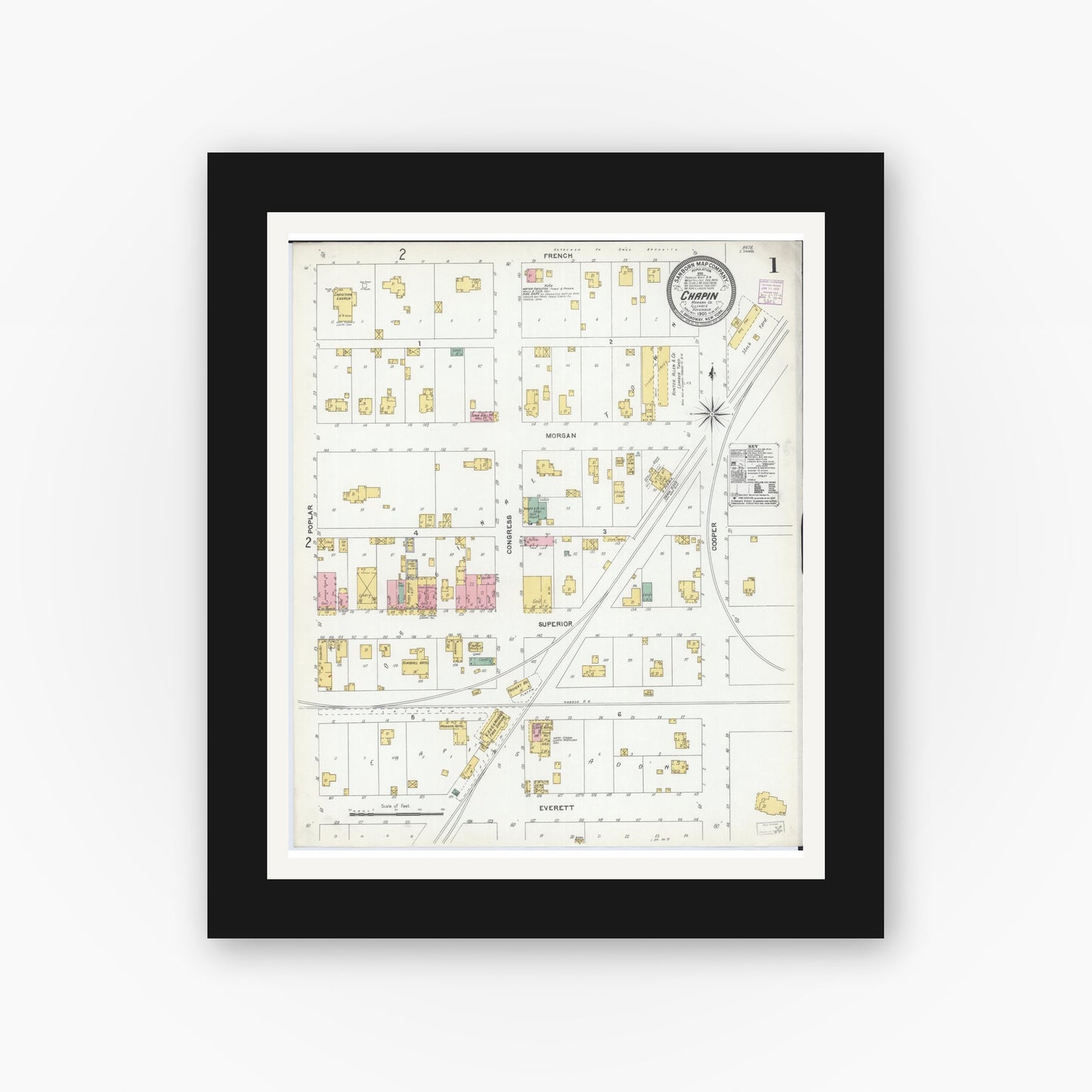 Old map wall art mockup — black gallery frame with white mat — Sanborn Fire Insurance Map from Chapin, Morgan County, Illinois (1905), Sheet #0001