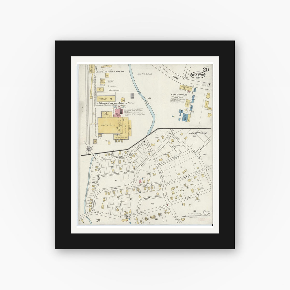 Old map wall art mockup — black gallery frame with white mat — Sanborn Fire Insurance Map from Winchester, Middlesex County, Massachusetts (1921), Sheet #0020