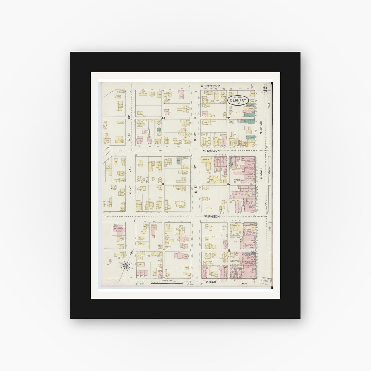 Old map wall art mockup — black gallery frame with white mat — Sanborn Fire Insurance Map from Elkhart, Elkhart County, Indiana (1889), Sheet #0002