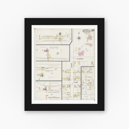 Old map wall art mockup — black gallery frame with white mat — Sanborn Fire Insurance Map from Springfield, Sangamon County, Illinois (1890), Sheet #0023