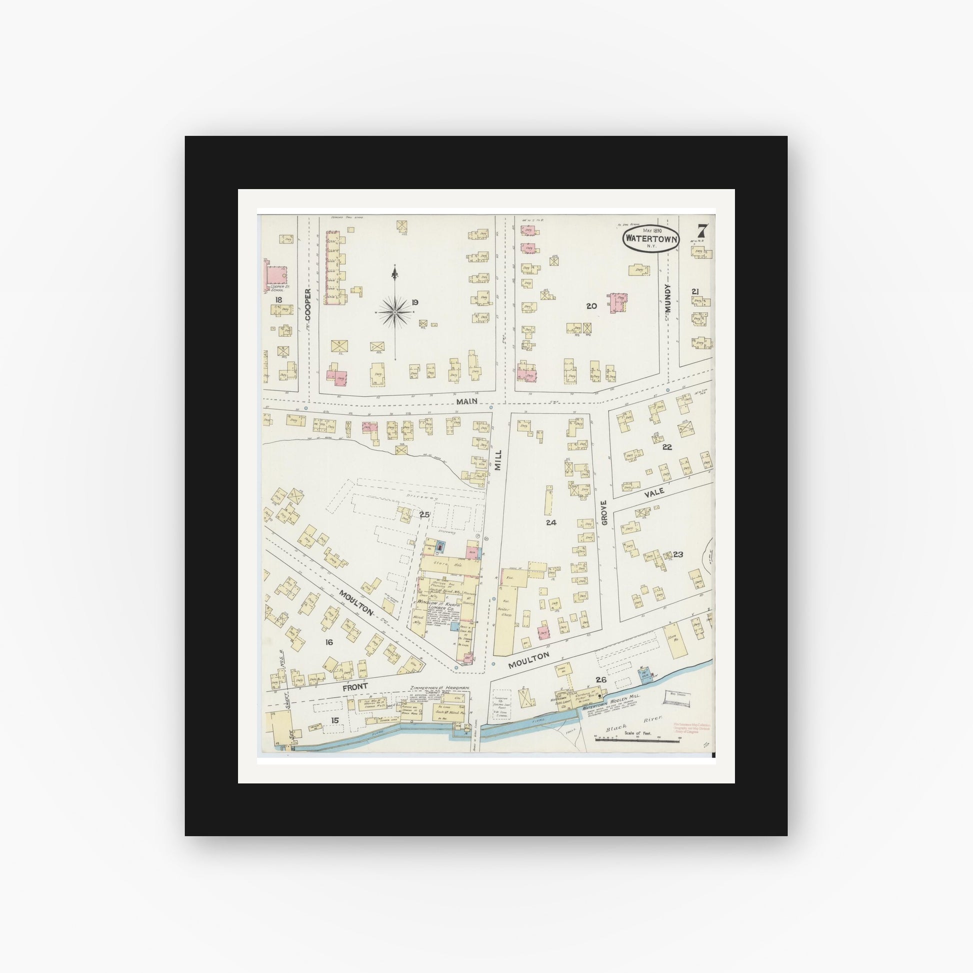 Old map wall art mockup — black gallery frame with white mat — Sanborn Fire Insurance Map from Watertown, Jefferson County, New York (1890), Sheet #0007