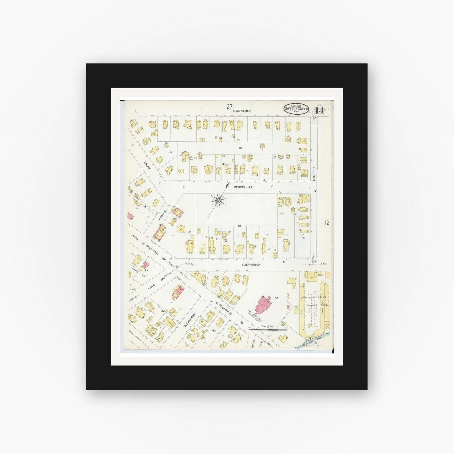 Old map wall art mockup — black gallery frame with white mat — Sanborn Fire Insurance Map from Battle Creek, Calhoun County, Michigan (1907), Sheet #0014