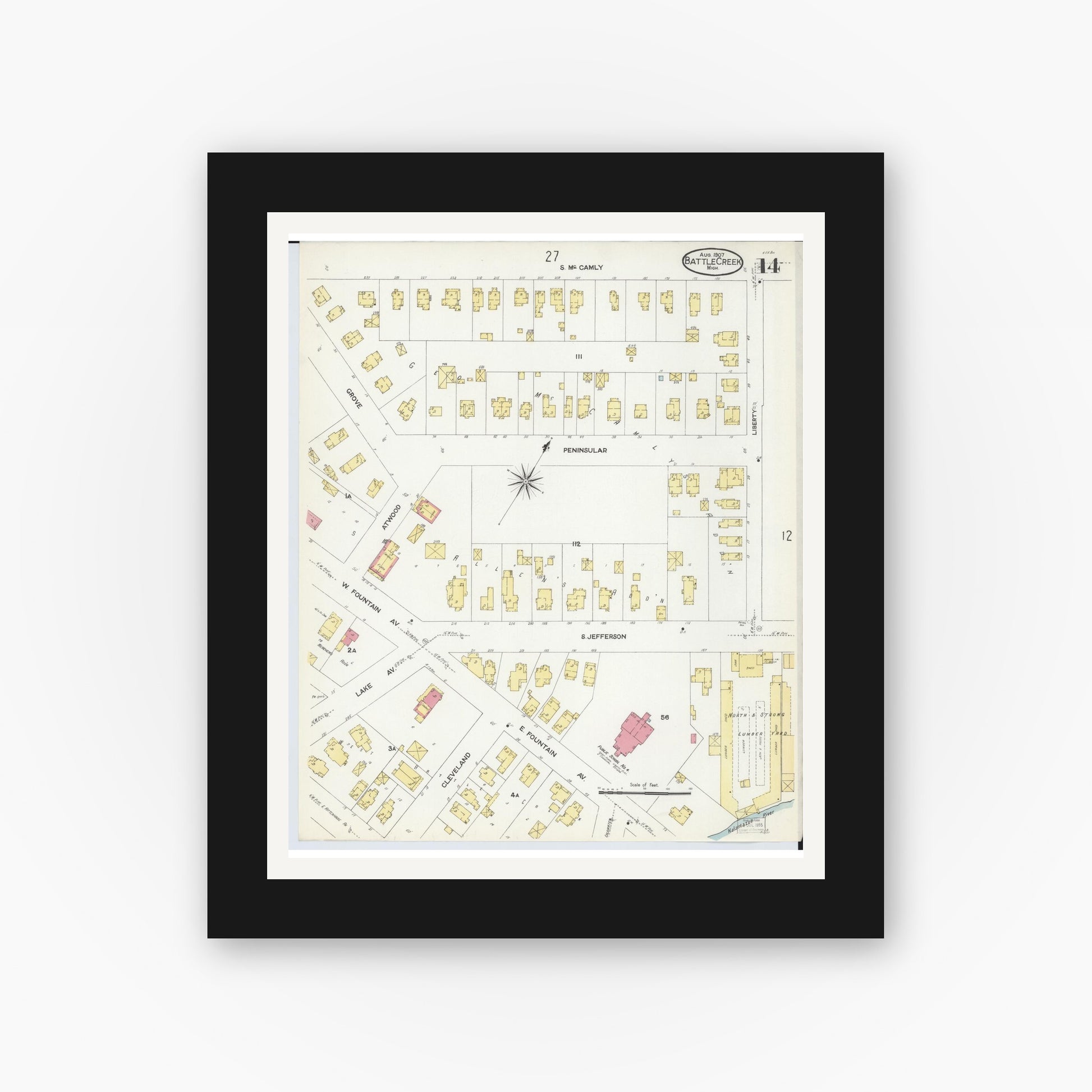 Old map wall art mockup — black gallery frame with white mat — Sanborn Fire Insurance Map from Battle Creek, Calhoun County, Michigan (1907), Sheet #0014