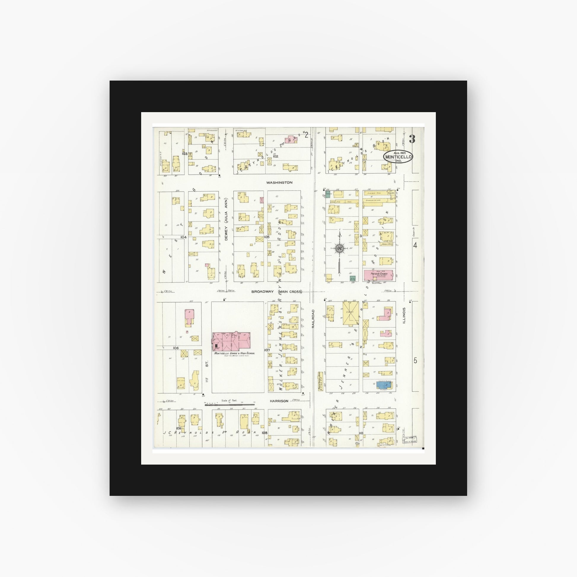 Old map wall art mockup — black gallery frame with white mat — Sanborn Fire Insurance Map from Monticello, White County, Indiana (1909), Sheet #0003