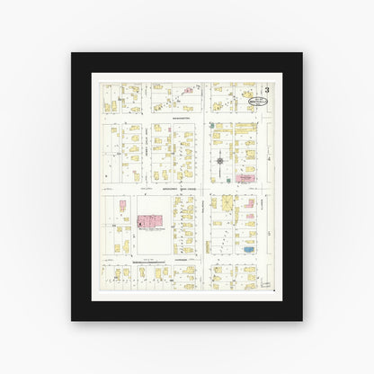 Old map wall art mockup — black gallery frame with white mat — Sanborn Fire Insurance Map from Monticello, White County, Indiana (1909), Sheet #0003