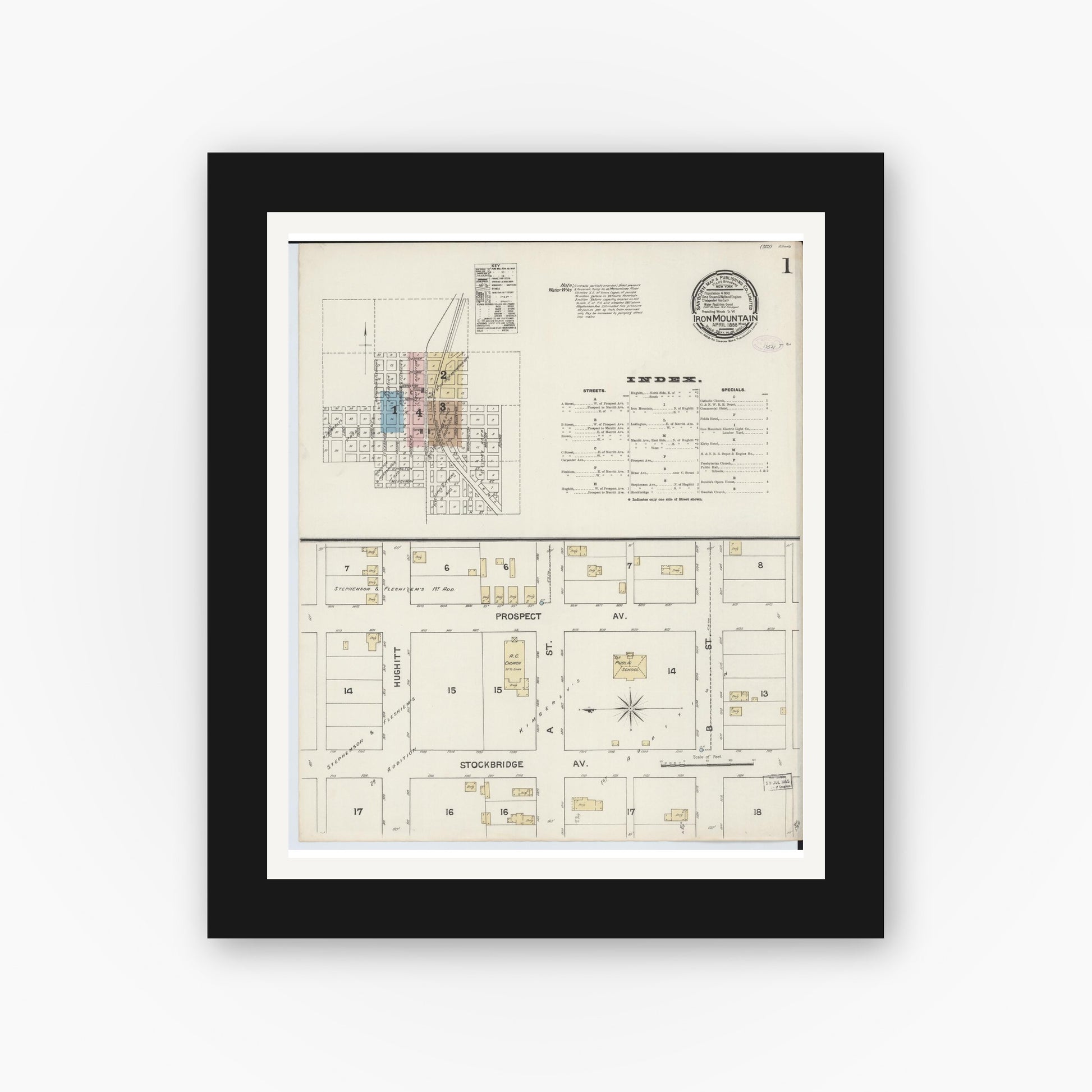 Old map wall art mockup — black gallery frame with white mat — Sanborn Fire Insurance Map from Iron Mountain, Dickinson County, Michigan (1888) - Complete Map Set