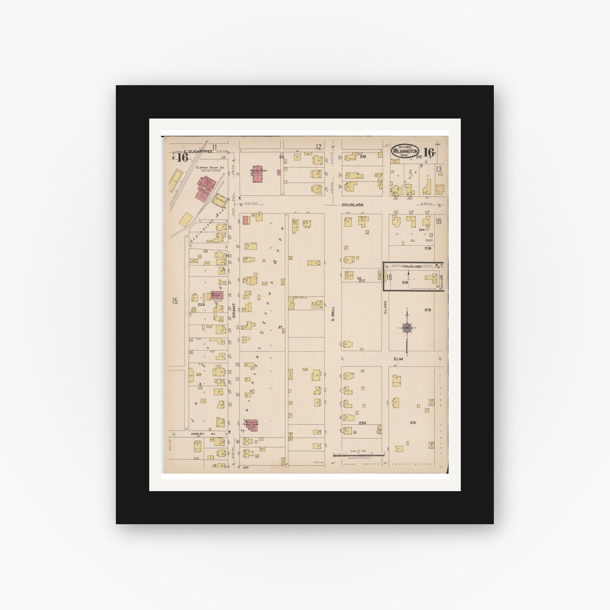 Old map wall art mockup — black gallery frame with white mat — Sanborn Fire Insurance Map from Wilmington, Clinton County, Ohio (1922), Sheet #0016
