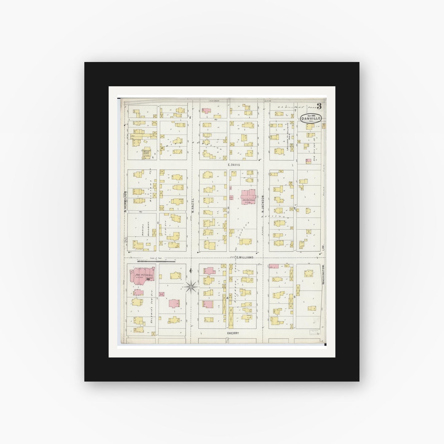 Old map wall art mockup — black gallery frame with white mat — Sanborn Fire Insurance Map from Danville, Vermilion County, Illinois (1895), Sheet #0003