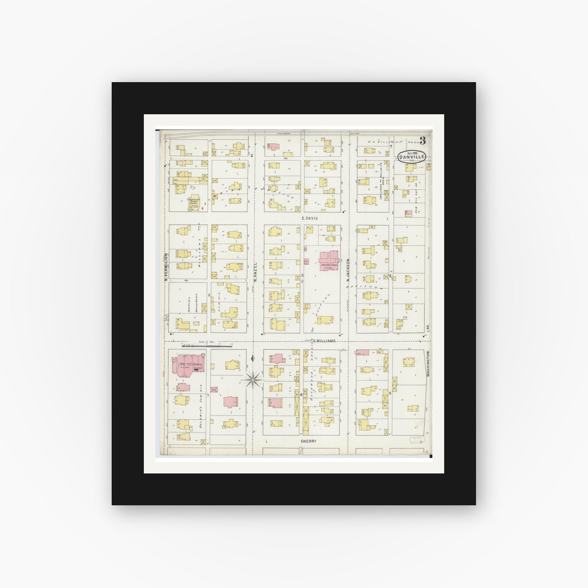 Old map wall art mockup — black gallery frame with white mat — Sanborn Fire Insurance Map from Danville, Vermilion County, Illinois (1895), Sheet #0003