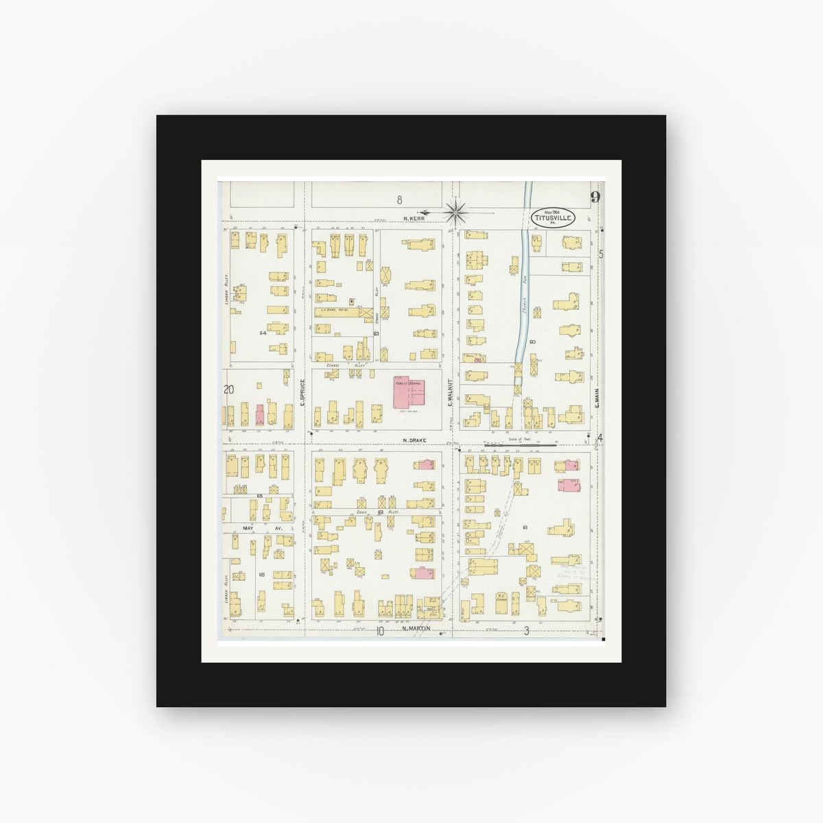 Old map wall art mockup — black gallery frame with white mat — Sanborn Fire Insurance Map from Titusville, Crawford County, Pennsylvania (1904), Sheet #0009