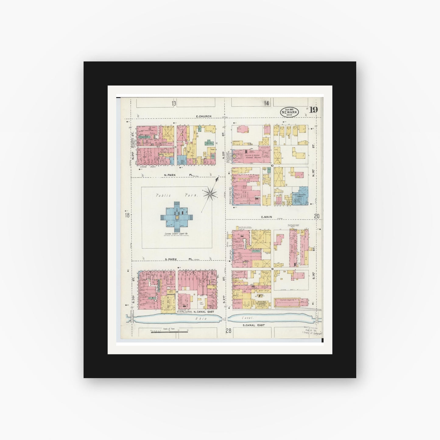 Old map wall art mockup — black gallery frame with white mat — Sanborn Fire Insurance Map from Newark, Licking County, Ohio (1905), Sheet #0019