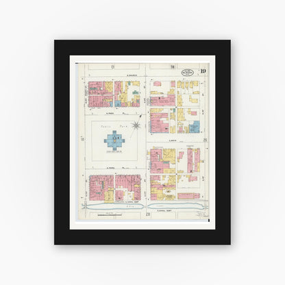 Old map wall art mockup — black gallery frame with white mat — Sanborn Fire Insurance Map from Newark, Licking County, Ohio (1905), Sheet #0019